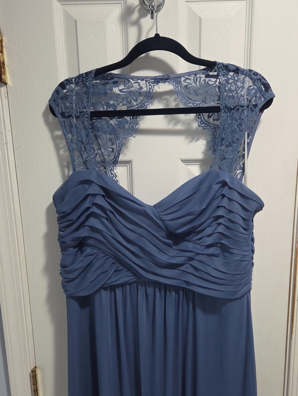 Scarlett Lace-shoulder Ruched Bodice Maxi Dress - Dusty Blue